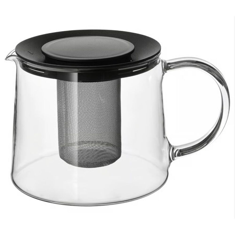 IKEA RIKLIG Clear Black Lid Stainless Steel Infuser Glass Teapot .6 Quart NWOT